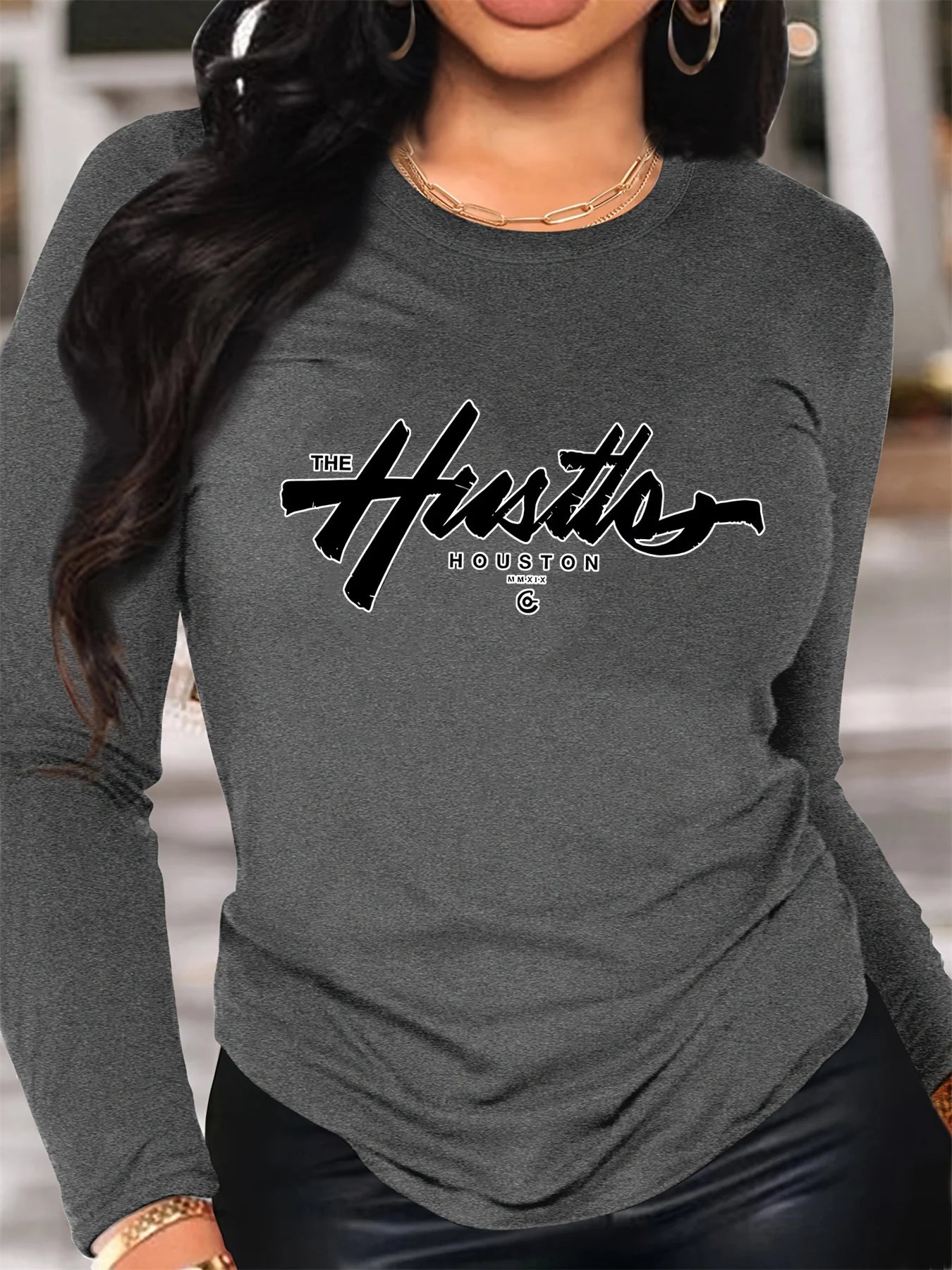 100% pure cotton women's spring and autumn comfortable casual long sleeved Houston letter graphic printed round neck T-shirt