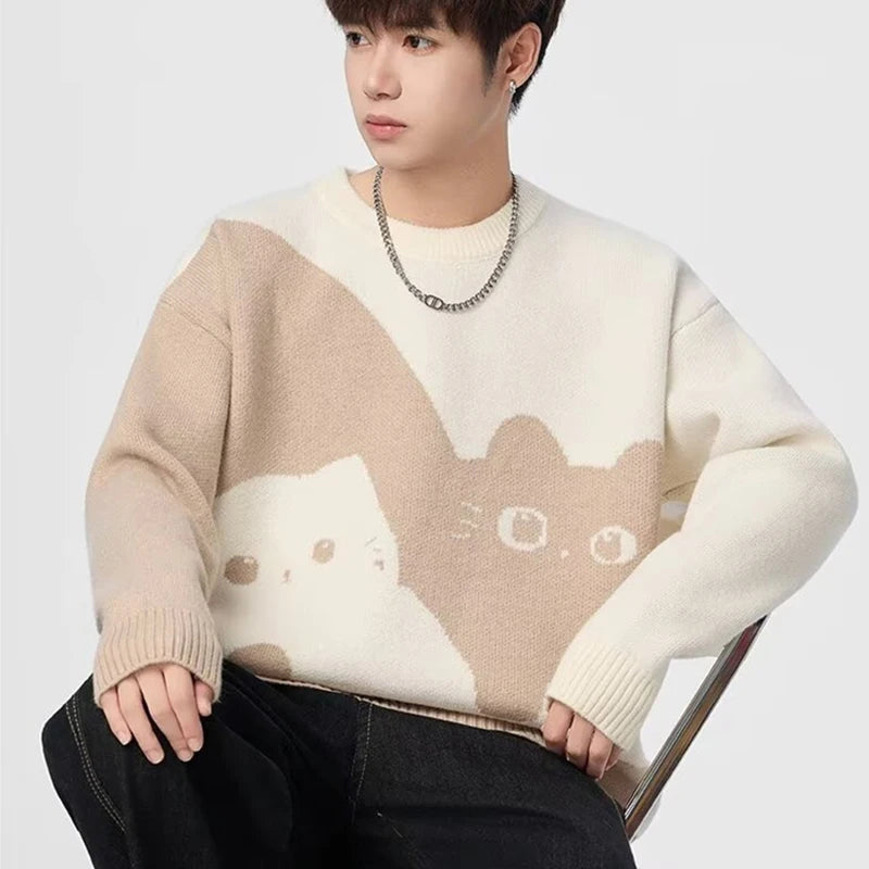 Winter Men's Anime Cat Jacquard Crewneck Knitted Sweaters Hip Hop Fashion Graphic Printed Y2K Jumpers Streetwear Knit Pullovers