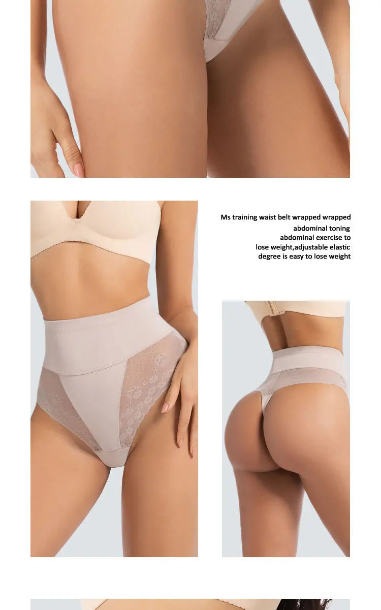 High Waist Tummy Control Women Seamless Panties Sexy Flroal Lace Splicing Thongs Tight Elastic Breathable Soft Lingerie