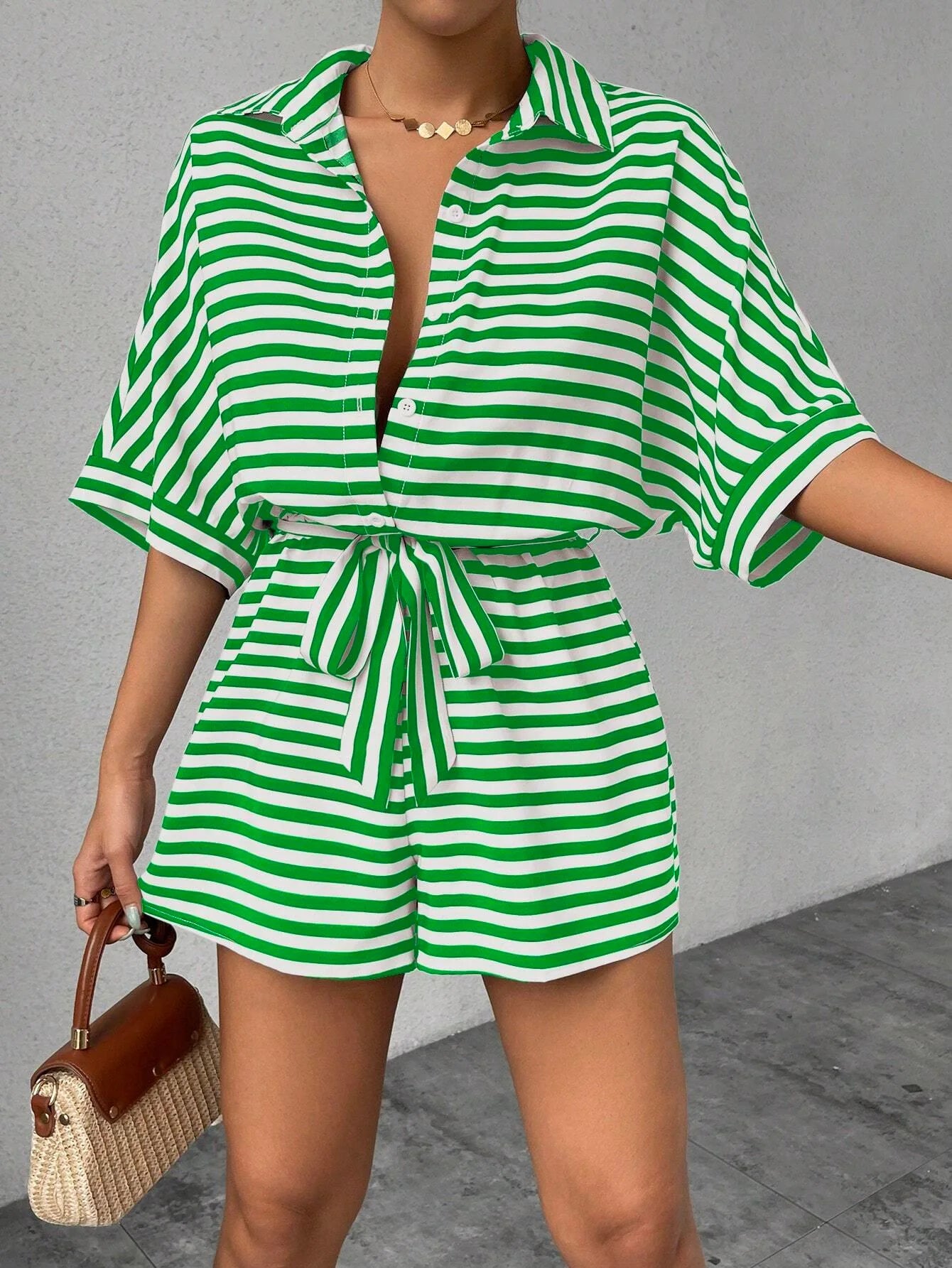 Summer New Set For Women's Casual Loose Comfortable Outfit Fashion Striped Batwing Sleeve Shirt Top+ Shorts 2-piece Sets Woman
