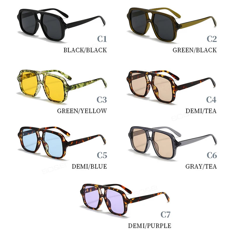 SO&EI Ins Popular Fashion Double Bridges Square Men Sunglasses Vintage Punk Yellow Blue Shades UV400 Men Trending Sun Glasses