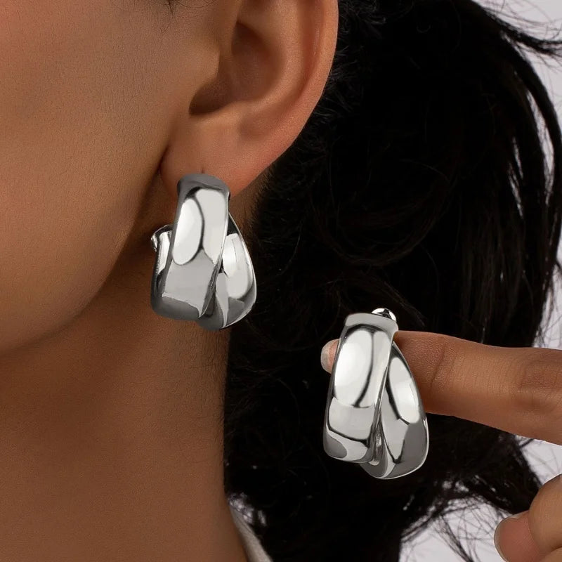 C Shaped Chunky Hoop Earrings for Women Girls Gold Color Double Ring Thick Geometric Drop Earrings Statement Jewelry Gift