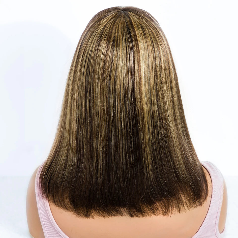 Brazilian Short Straight Hair Bob Wigs Human Hair Wig With Bangs Remy Full Machine Made Wig for Women Brown Honey Color Bob Wig