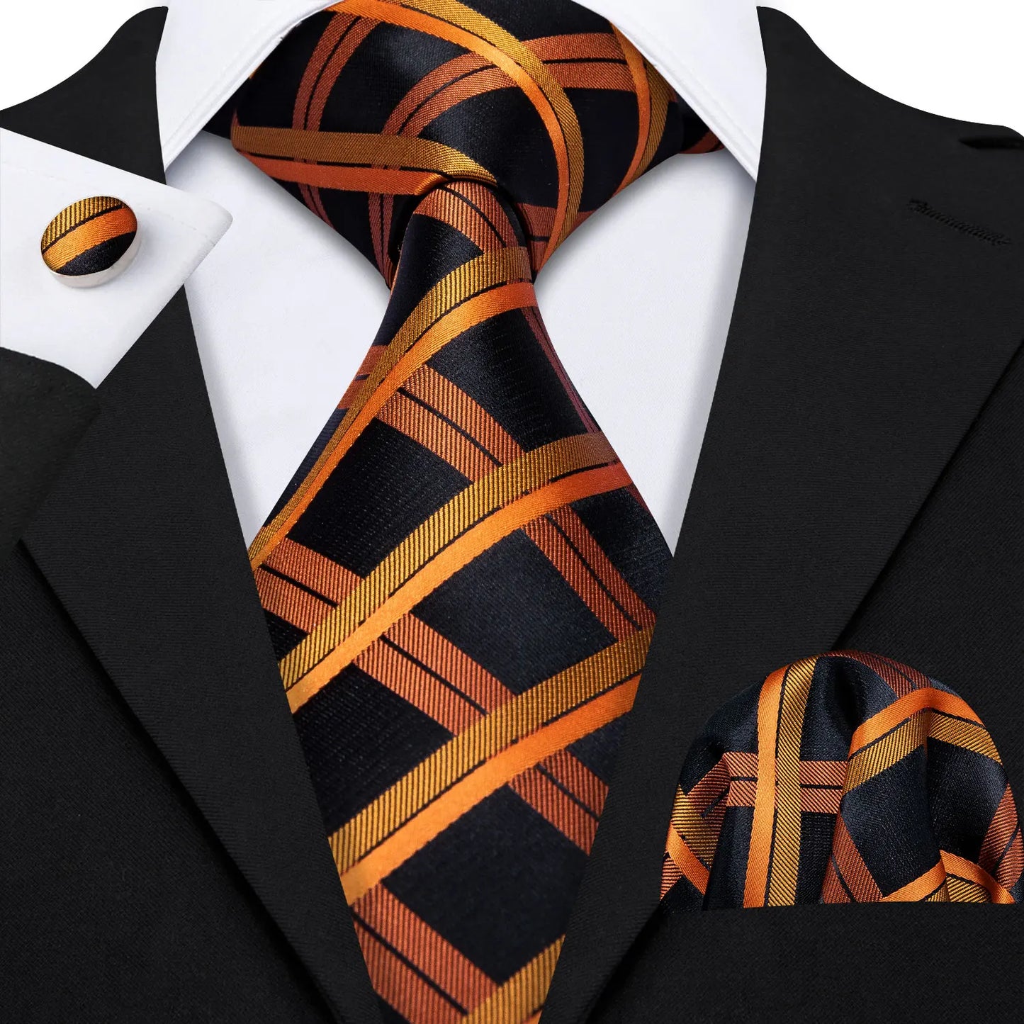 Barry.Wang Orange Brown Silk Mens Tie Hanky Cufflinks Set Gold Coffee Jacquard Designer Necktie For Male Wedding Business Party