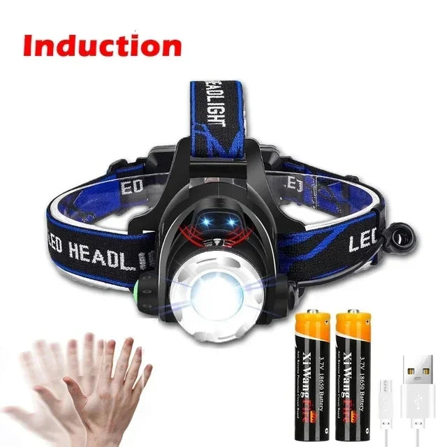 Ultra Bright White Laser LED Headlight Wave Sensing Zoom Flashlight Rechargeable Outdoor Night Fishing Head Mounted Headlight