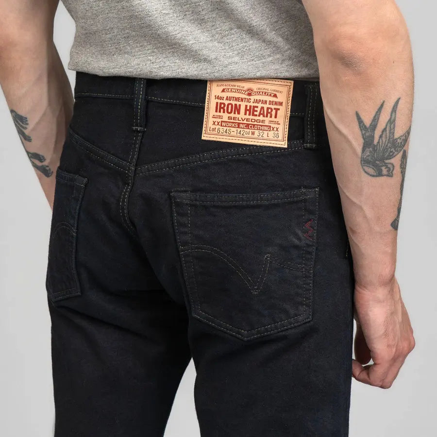 IRON HEART Indigo-Sulfide Black 634s Double Dyed 14oz Denim Jeans, One Wash