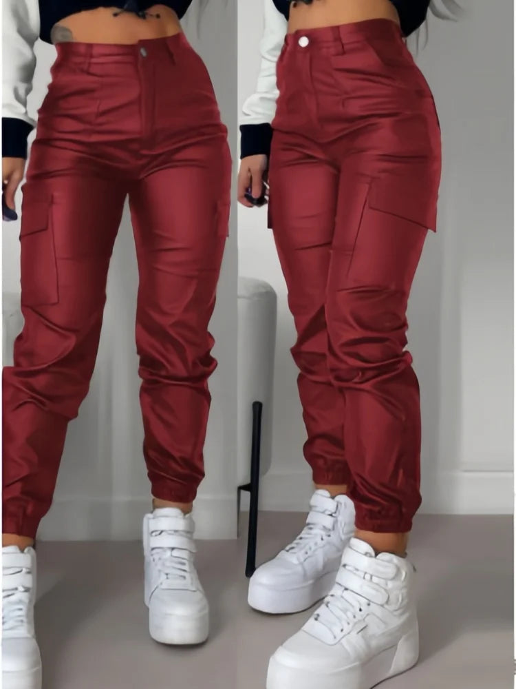 Women's PU Trousers Zipper Pleated Multiple Pocket Fashion Casual High Waisted Patch Bag Tight Foot Aesthetic Long Cargo Pants