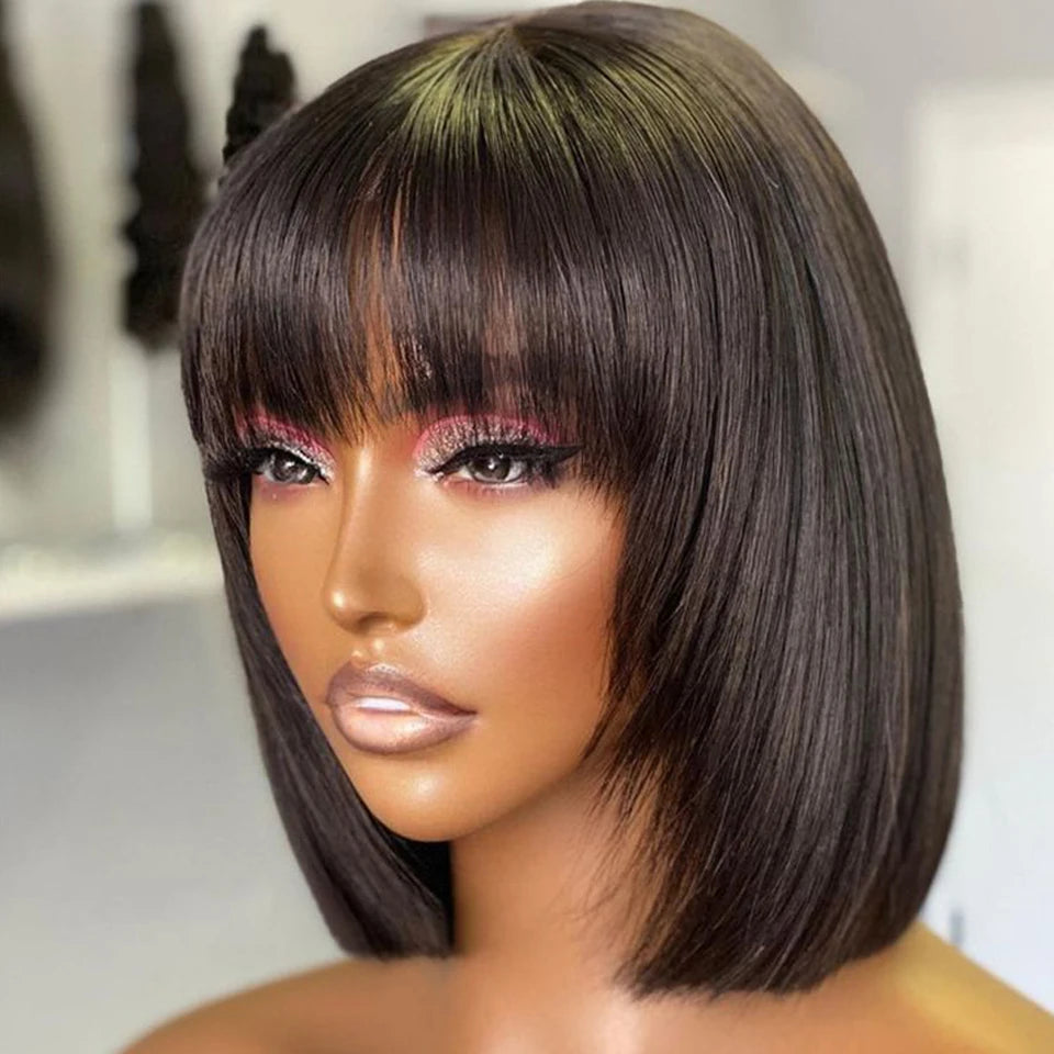 Brazilian Short Straight Hair Bob Wigs Non Lace Glueless Bob Wig Human Hair Wig With Bangs Remy Full Machine Made Wig for Women