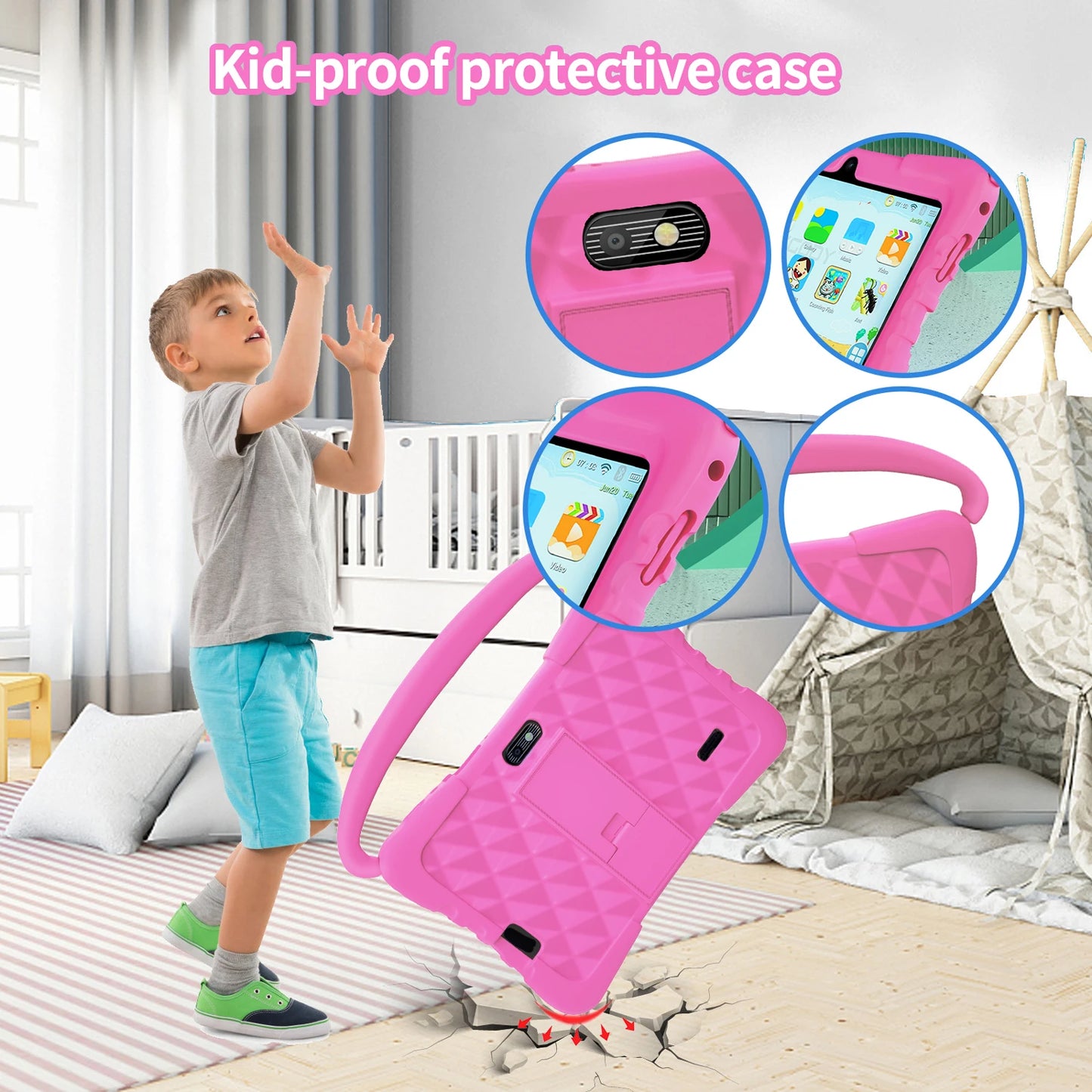 BDF-K3 Kids 7 Inch Android Tablets Quad Core 4GB+64GB ROM Cartoon Portable with Kids-Proof Protective Case Best Gift for Childre