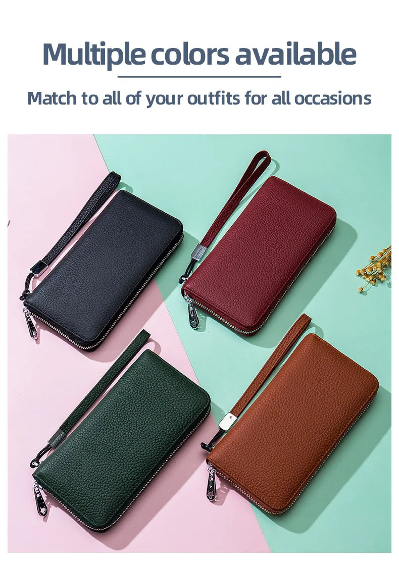 RFID Function Wallet for Women Geniune Leather Luxury Design Long Zipper Handbags Cowhide Card Bags Female Fashion Purse