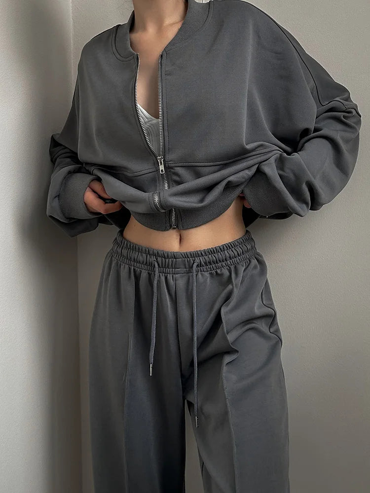 Gray Straight Pants Two Pieces Sets Women Outfit Long Sweatpants Street Wear Zipper Jacket Track Suits Sweatshirt Sets For Women
