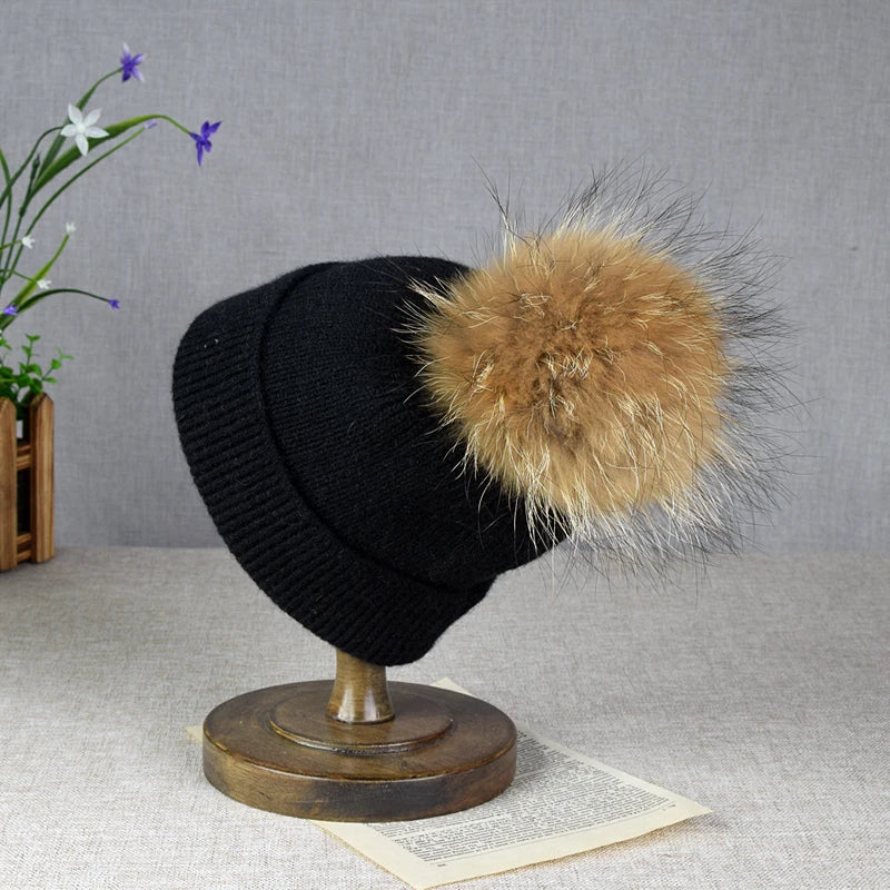 Hot selling autumn and winter parent-child woolen hats raccoon fur balls warm sleeves knitted hats trendy