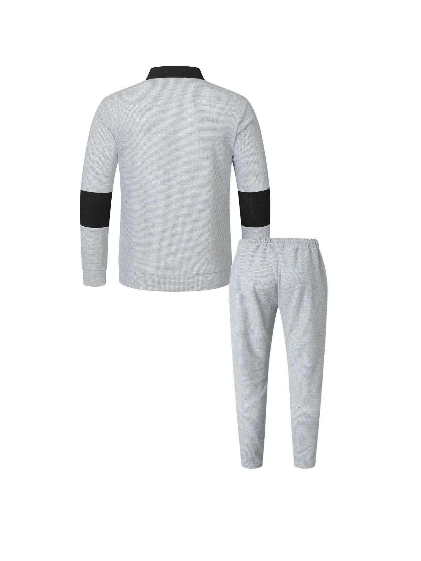 Men's Fashion 2-Piece Outfit Waffle Knit Polo Neck Top & Straight Leg Pants Set Casual Sporty Color Block Tracksuit