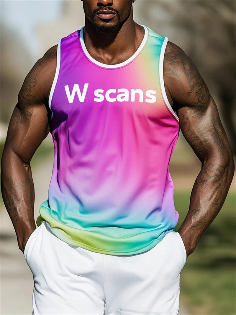 Simple Fashion Mens Streetwear Tank Tops Summer Trend Crew Neck Sleeveless 3D Printed Vest Loose Breathable Sports Tees Tops