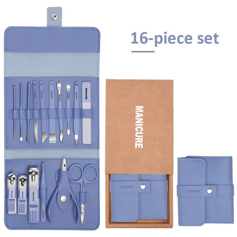 12-16pcs/set Nail Cutter Set Stainless Steel Nail Clippers Set With Folding Bag Manicure Cutter Kits Scissors Makeup Beauty Tool
