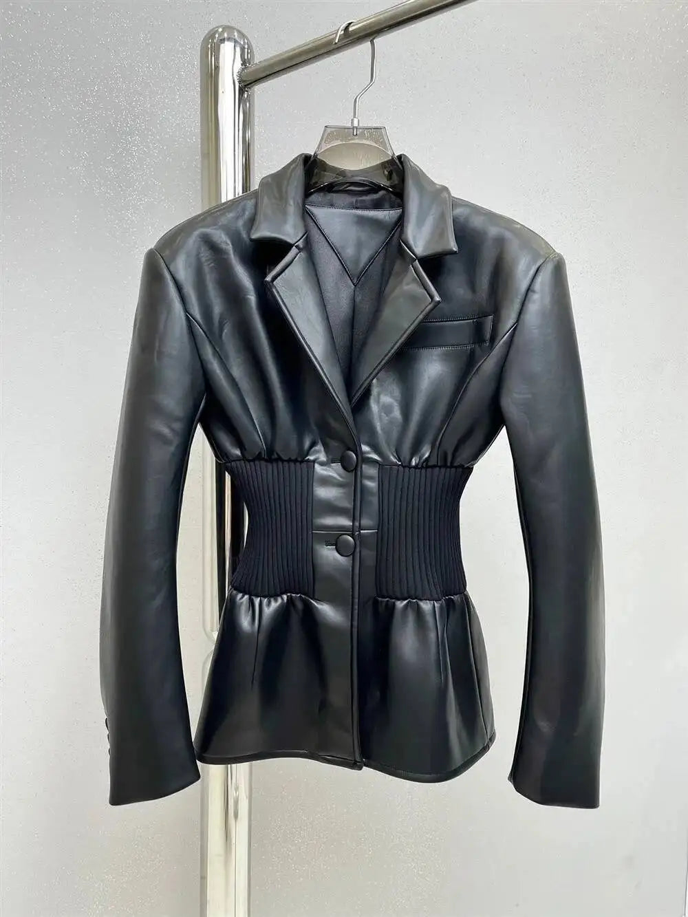 DEAT Fashion Women's Blazer Notched Collar PU Patchwork Knitted Super Waist Silhouette Suit Jackets Spring 2025 New 17A2010H
