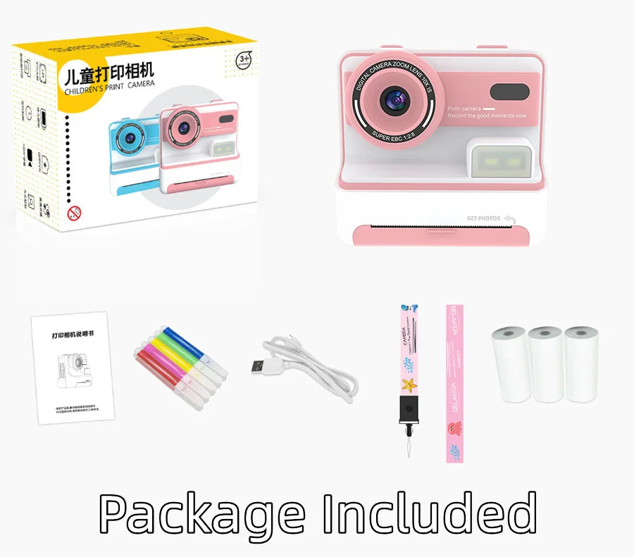 Kids Instant Print Camera 1080P 48MP 2.4 Inch Screen 16X Zoom Children Camera Thermal Printer Portable Travel Selfie Camera Toy