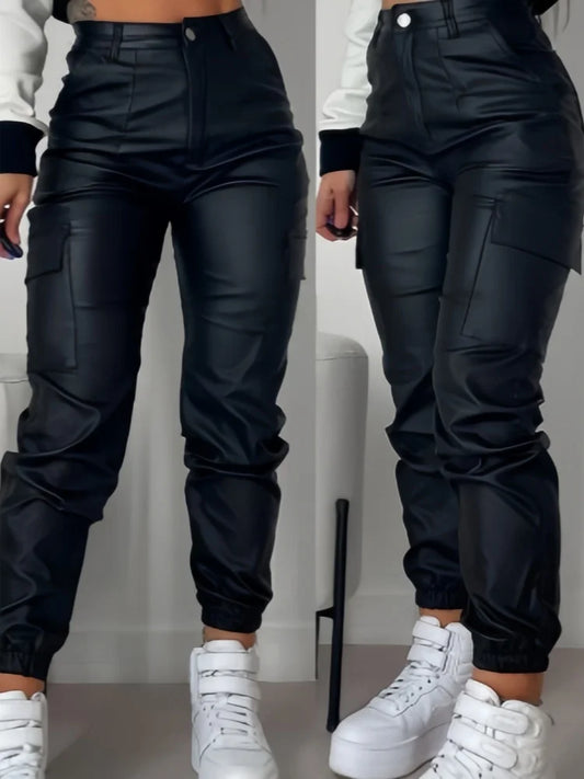 Women's PU Trousers Zipper Pleated Multiple Pocket Fashion Casual High Waisted Patch Bag Tight Foot Aesthetic Long Cargo Pants