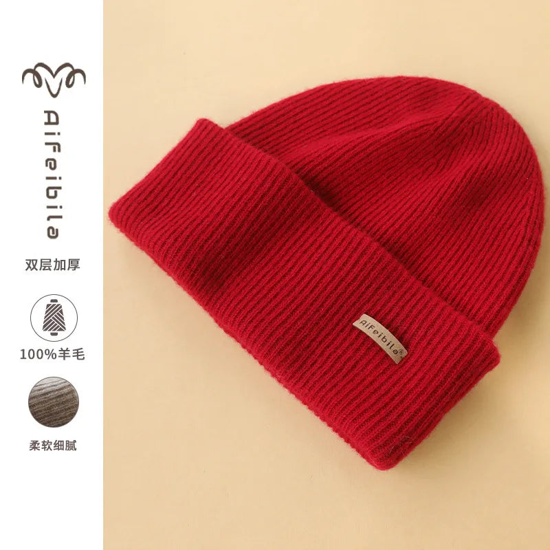 100% Merino Wool Double-Sided Beanie for Men Women Thick Soft Warm Winter Skull Caps Solid Color Knitted Beanies Hat