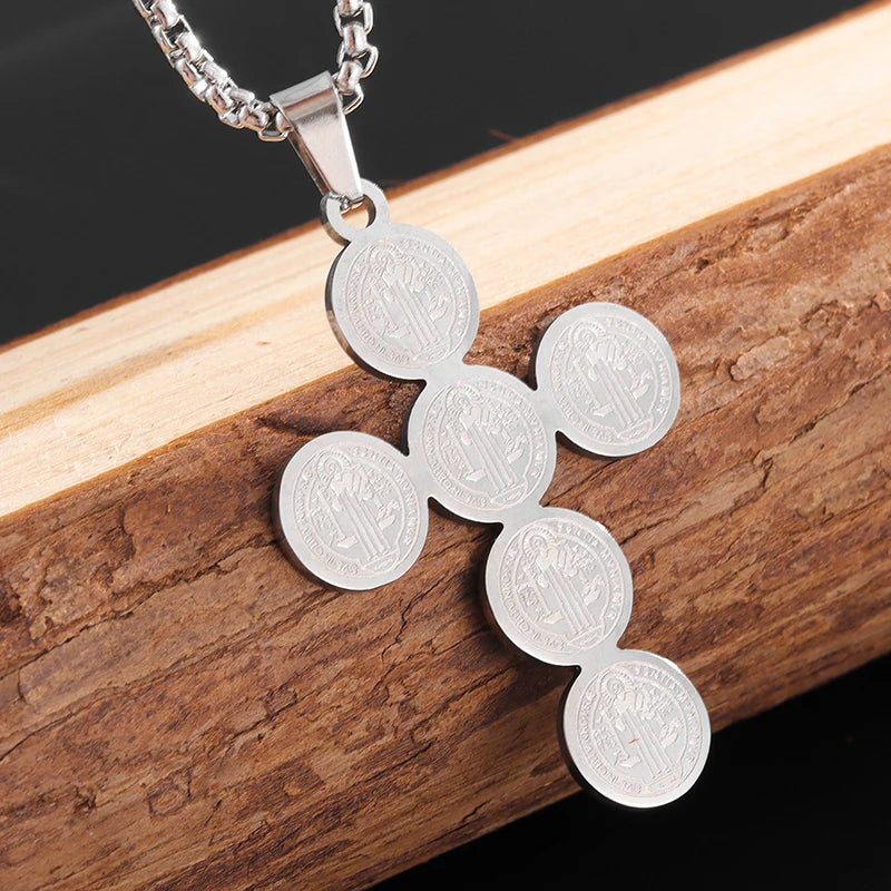 Stainless Steel Christian Saint Benedict Cross Pendant Necklace for Men's Fashionable Retro Religious Lucky Talisman Jewelry