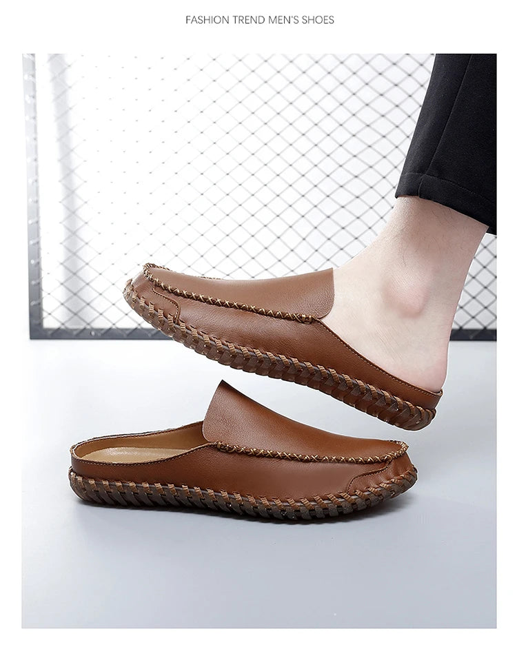 Plus Size 38-48 Handmade Mules Mens Backless Loafers Slippers Half Shoes For Men Slide Closed Toe Sandals Semi-Drag Casual Shoes
