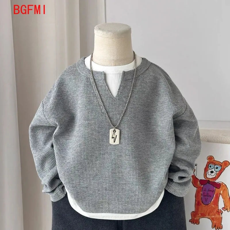 Babys Boys Waffle Grid Long Sleeved V-neck T-shirt Spring Autumn 2025 Pullover Cotton Hoodie Kids Handsome Fake Two Items Tops