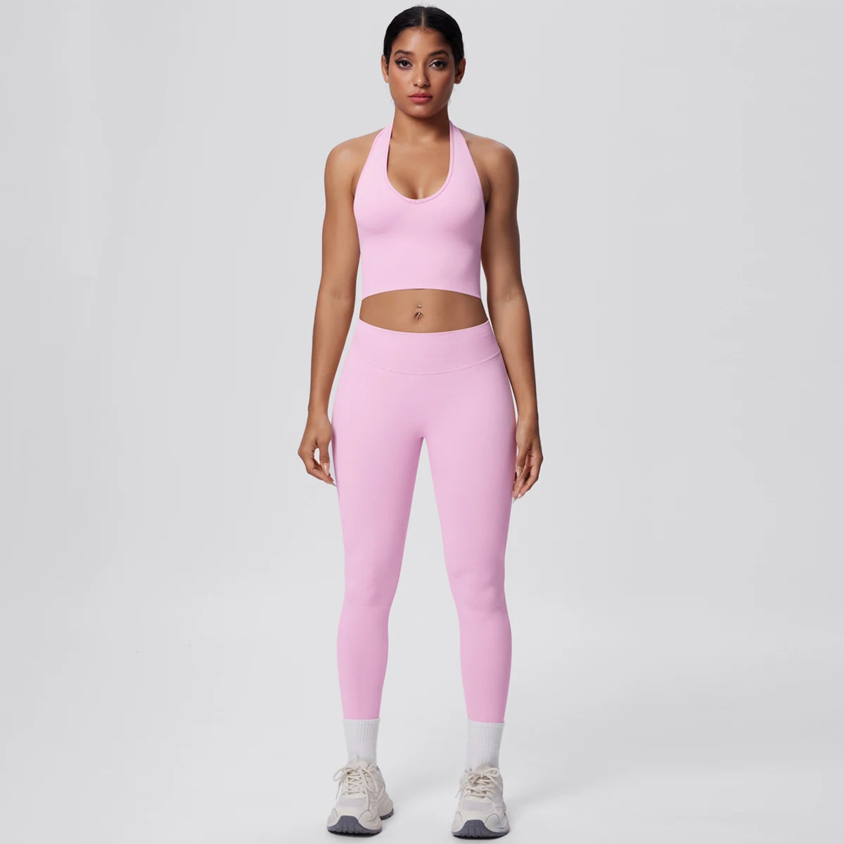 Solid Color Backless Breathable 2pieces Set for Woman High Strength Training Yoga Set Hanging Neck Bra Gym Push Up Fitness Pants