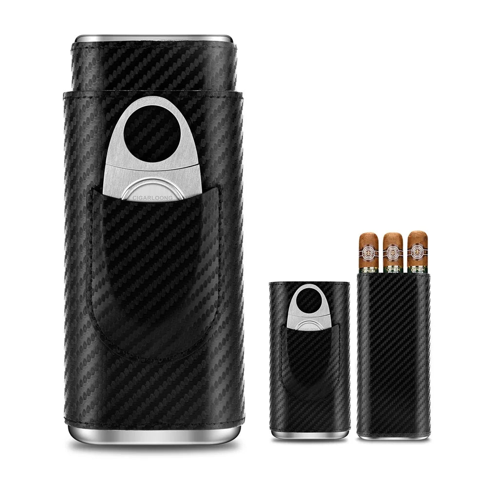 3-pack Cigar Case Luxury Portable Leather Holder Box Storage with Stainless Steel Sharp Cigar Cutter Smoking Accessories CH-24FA