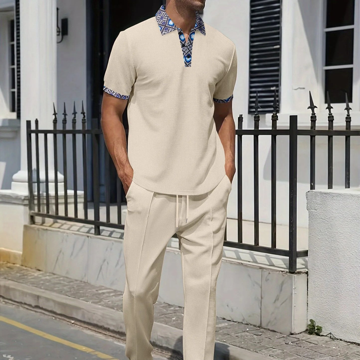 New 2025 Summer Waffle Men's top Casual short-sleeved polo Waffle collar Solid color everything pair with two pantsuits