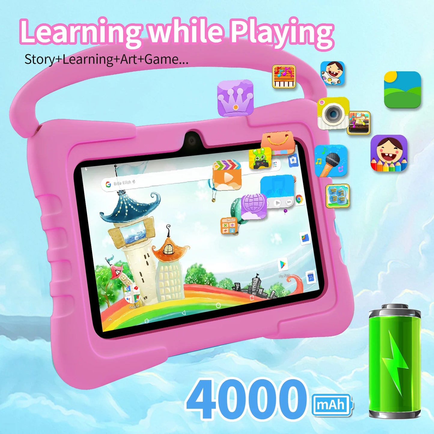 BDF-K3 Kids 7 Inch Android Tablets Quad Core 4GB+64GB ROM Cartoon Portable with Kids-Proof Protective Case Best Gift for Childre