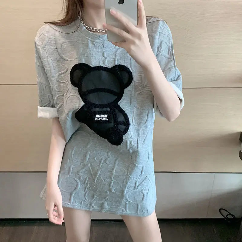 CGC Korean Fashion Women Oversized T-shirt Casual Bear Printing Short Sleeve Tees Summer Female Loose Tops Simple O-Neck T-shirt