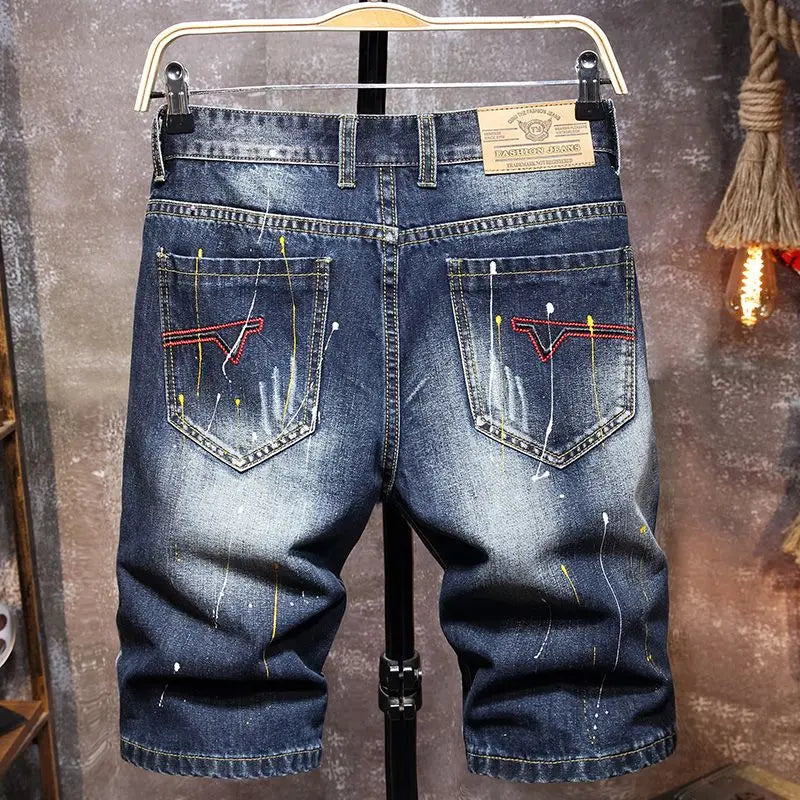 Plus Size 7XL 6XL Men's Summer Ripped Denim Shorts, Loose Straight-Cut, Painted Style, Fashionable Trendy Denim Cropped Pants