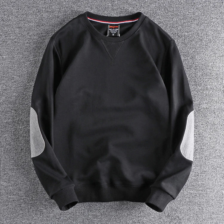 Spring New American Retro Sleeve Patch Solid Color Sweatshirt Men's Simple 100% Cotton Washed Pullover Loose Casual Sportwear