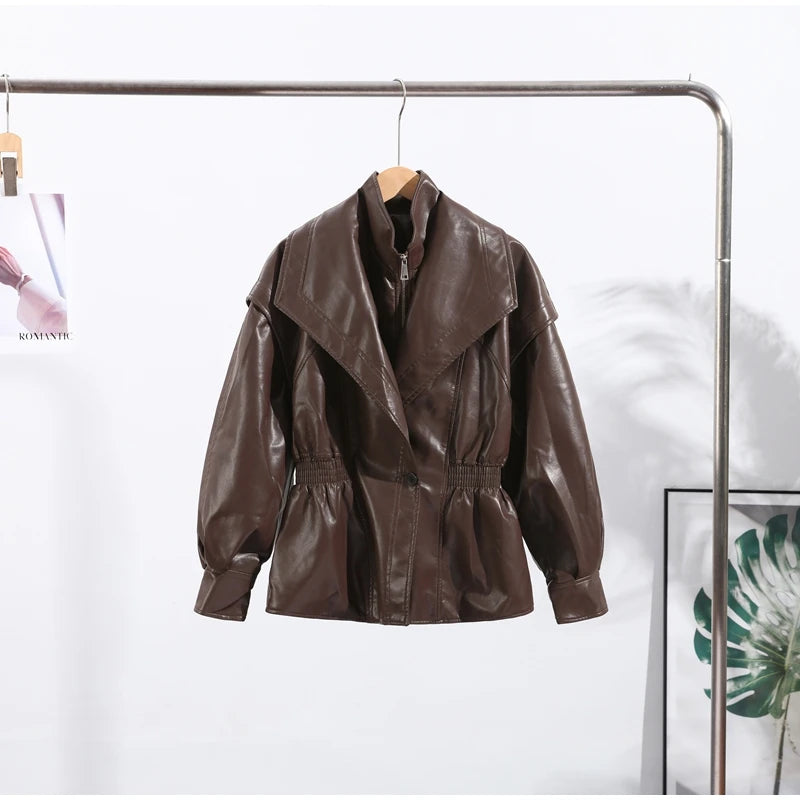 Faux Leather Jacket Women Turn-down Collar Zipper Front Puffy Sleeves Stylish Waist Cinching Coat 2025 Female Winter Outerwear