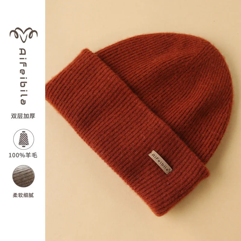 100% Merino Wool Double-Sided Beanie for Men Women Thick Soft Warm Winter Skull Caps Solid Color Knitted Beanies Hat