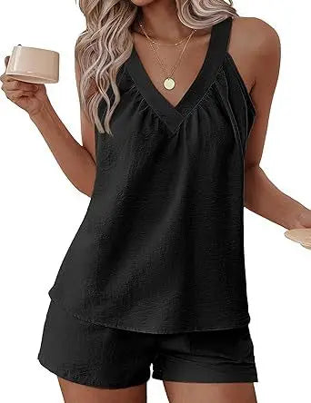 New Summer Women's 2-piece Set Pink V-neck Vest Elastic Pocket White Stylish Black Shorts Set