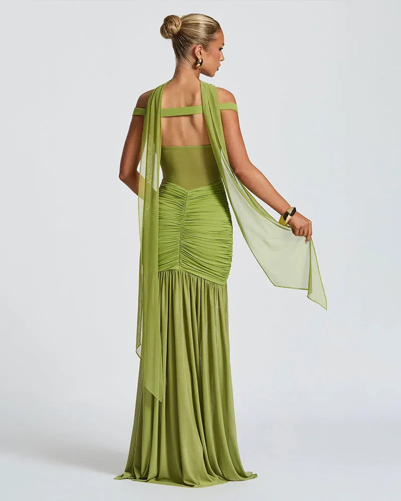 GACVGA Mesh Patchwork Sexy Bodycon Maxi Dress Women Draped Gown Summer Halter Backless Ruched High Split Club Party Long Dress
