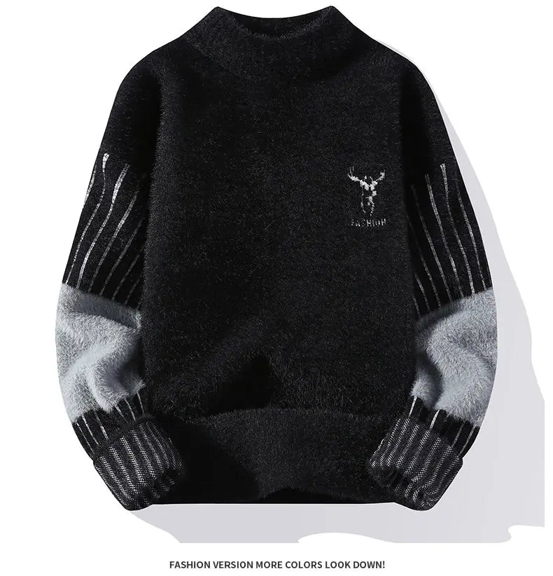 Thickened Winter Semi High Neck Knitted Sweater with Anti Pilling Splicing Men's Casual Long Sleeved Bottom Printed Pullover