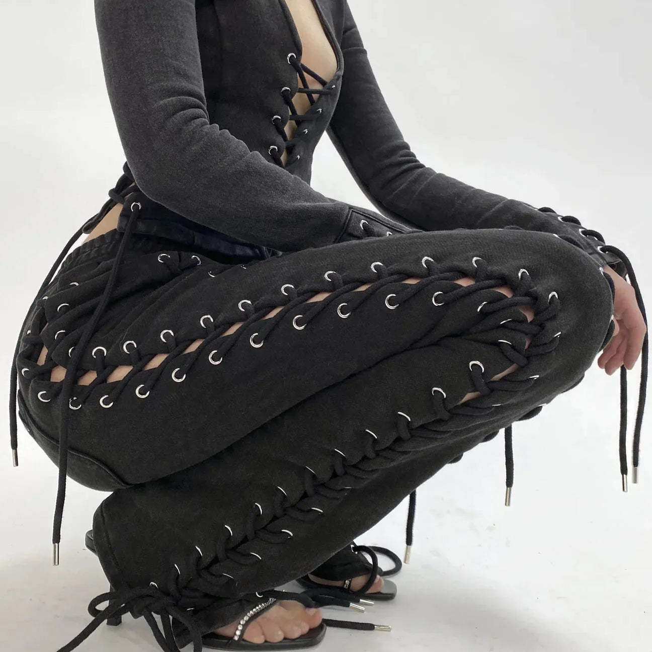 BoozRey Y2k Women Pants Streetwear Low Waist Pant 90s Vintage Clothes Skinny Slim Sexy Lace Up Hollow Out Straight Trousers