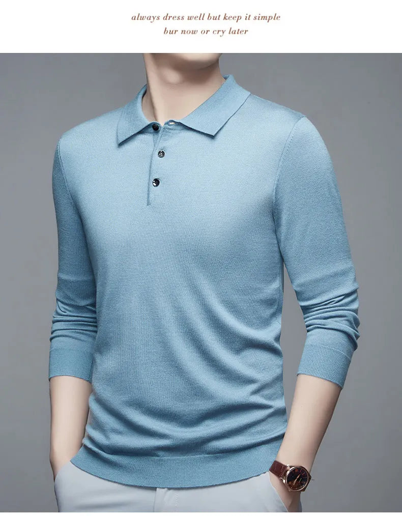Men's Fine Wool Sweater Polo Collar Pullover Spring Autumn New Cashmere Knitwear Smart Casual Loose Men's Shirts Warm Soft Tops