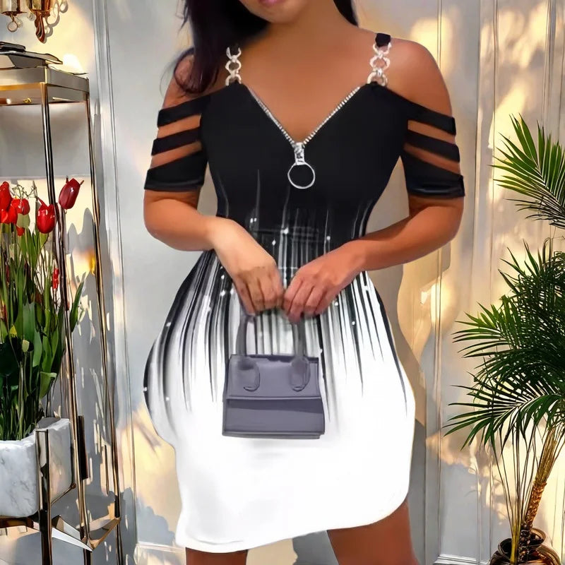 Spring Summer Women's Dress Hollow Color Block Print Fashionable Casual Zipper V-neck Long Sleeve Ladies Streetwear Dresses
