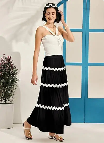Women Dress Fashion Summer Women's Boho Elastic Waist A-line Skirt Fleece Frizzy Skirt Hem Layer Women's Vacation Outdoor Skirt