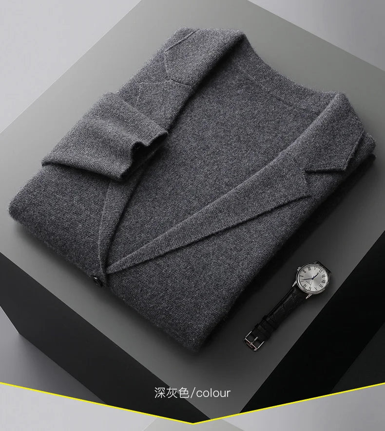 100% Pure Wool Cardigan Men's Spring And Autumn High-End Outerwear Sweater Casual Small Suit Jacket Olive Collar Sweater