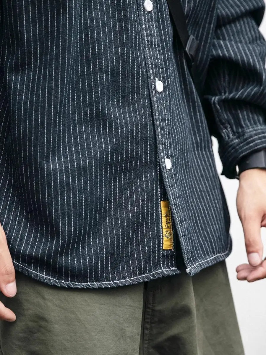 Retro Striped Loose Fit Long Sve Collared Men's Denim irt Spring Faion Workwear Jaet Youthful Wear Resistant Chinese...