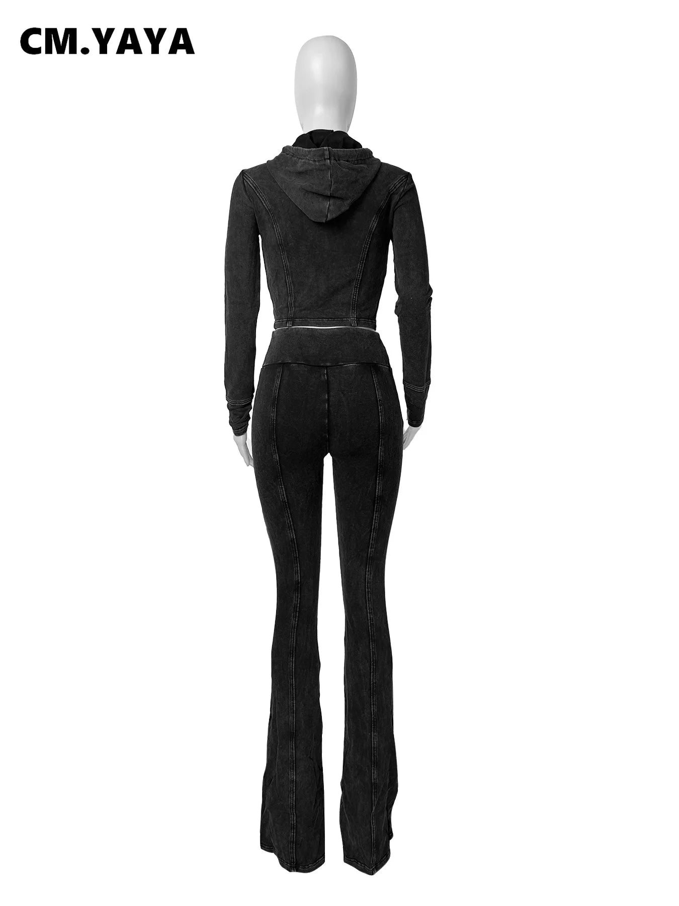 CM.YAYA Fashion Women's Set Long Sleeve Hooded Jacket and Slit Hem Flare Pants 2024 Fitness Two 2 Piece Set Outfits Tracksuit