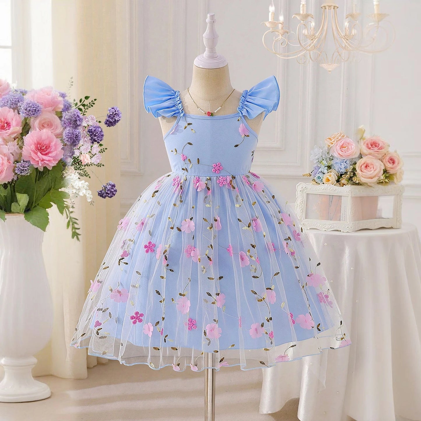 Girls Fairy Dress for 3-8 Yrs Birthday Party Princess Dress Flower Girl Dress for Wedding Embroidery Easter Dress for Girls Wear