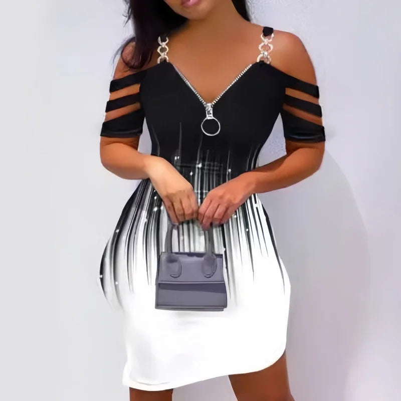 Spring Summer Women's Dress Hollow Color Block Print Fashionable Casual Zipper V-neck Long Sleeve Ladies Streetwear Dresses