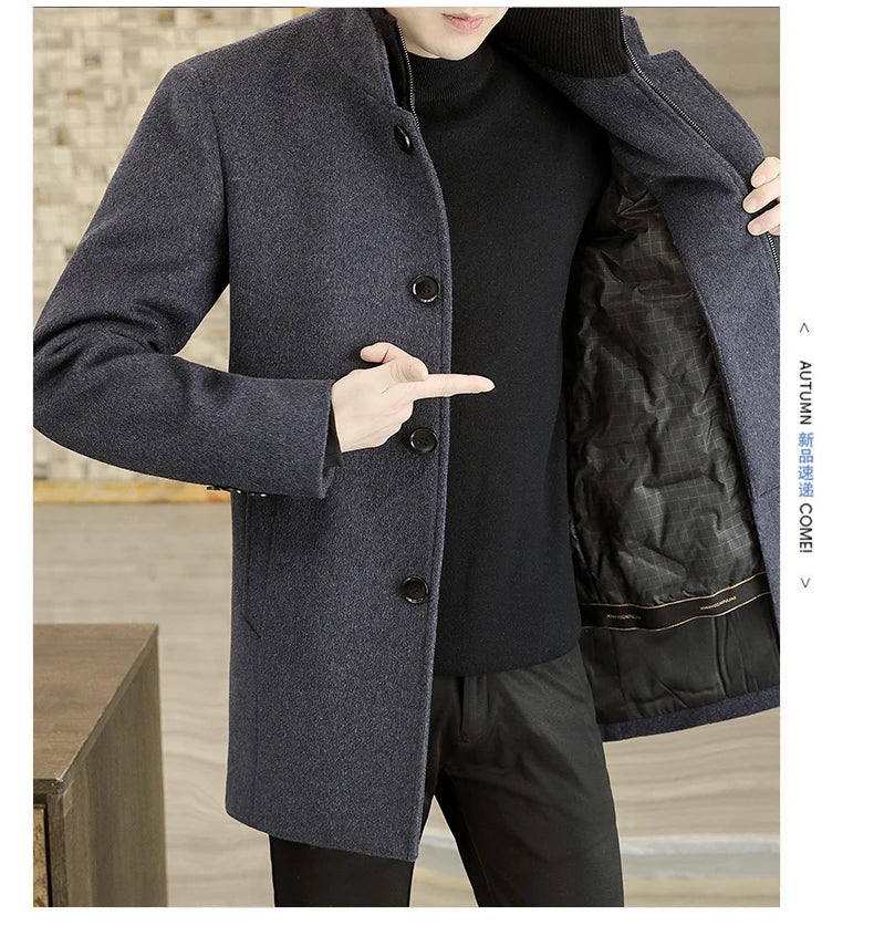 Men's Long Wool Coat High Quality Trendy Fashion Handsome Solid Color Wool Trench Coat with Removable Thickened down Inner Liner