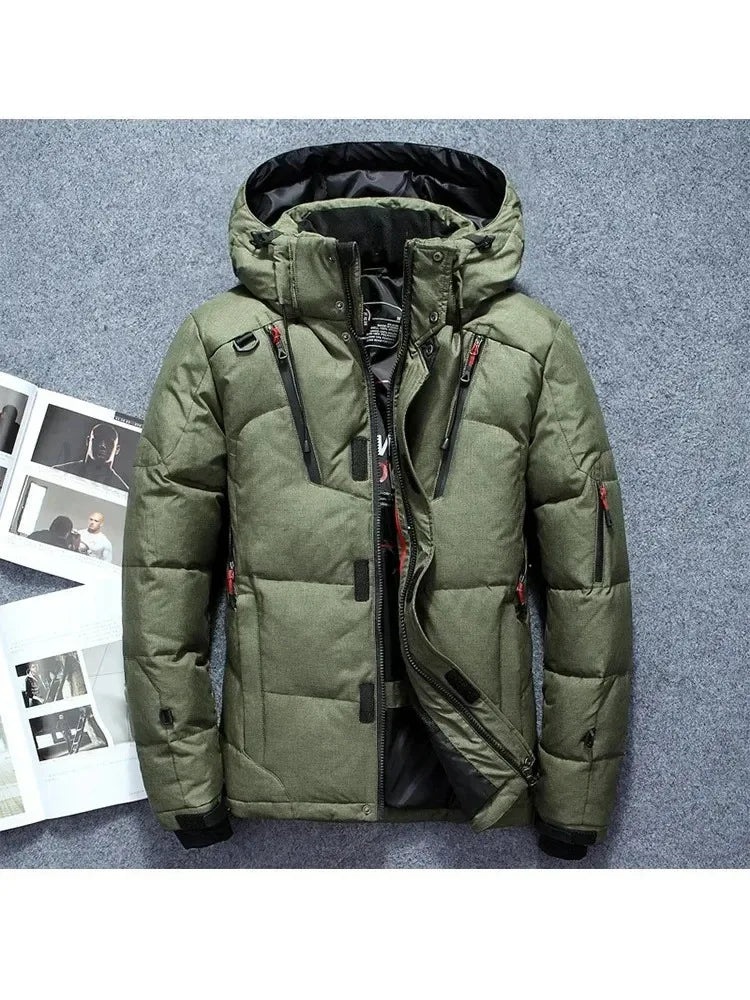 Winter Thickened Men Down Jacket Climbing Hunting Hooded Warm White Duck Down Coat Man Casual Lightweight Puffer Jacket Ski Snow