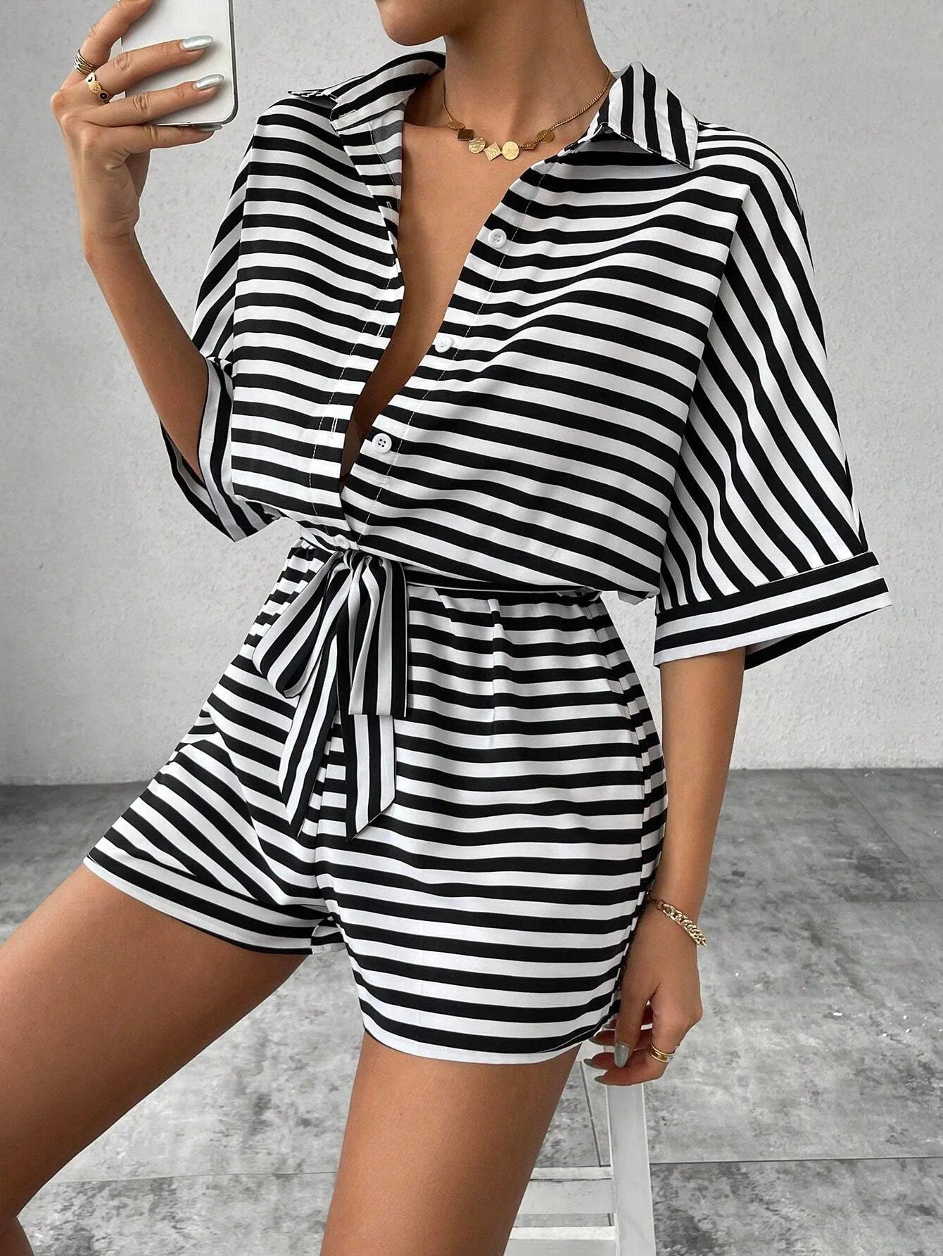 Summer New Set For Women's Casual Loose Comfortable Outfit Fashion Striped Batwing Sleeve Shirt Top+ Shorts 2-piece Sets Woman